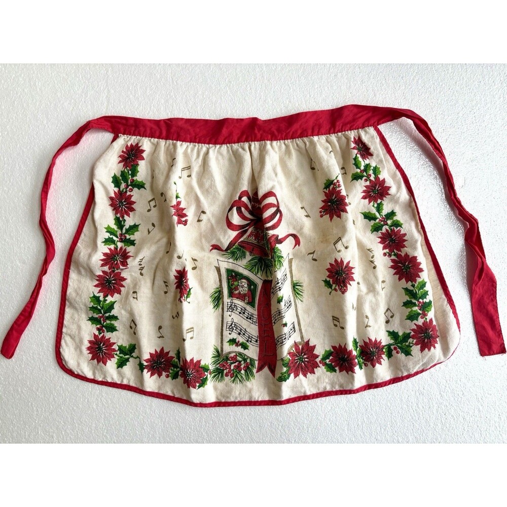Vintage Retro 1950s Christmas Santa Claus 1/2 Waist Apron Floral Linen Blend